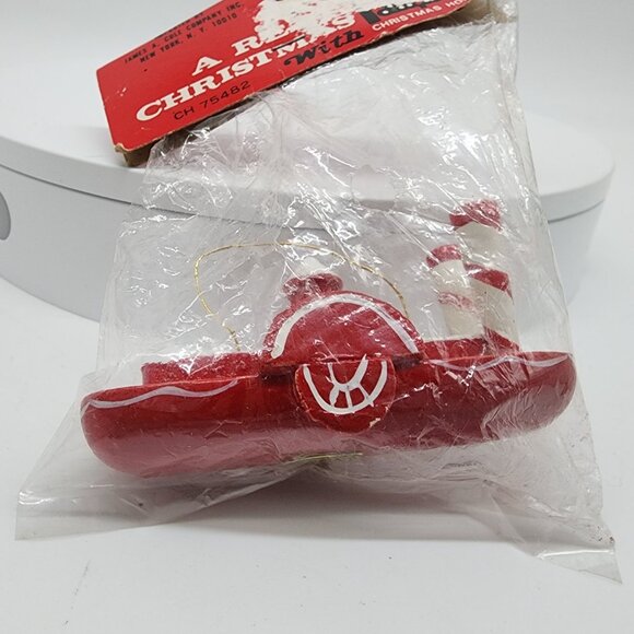 Vintage Christmas House Boat Ornament Wooden Red & White Sealed - Picture 6 of 6